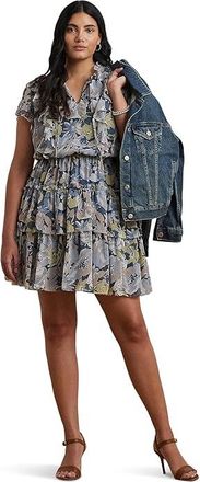 Lauren Ralph Lauren Plus Size Devany Short Sleeve Day Dress Womens Dress Blue : 18W, Polyester
