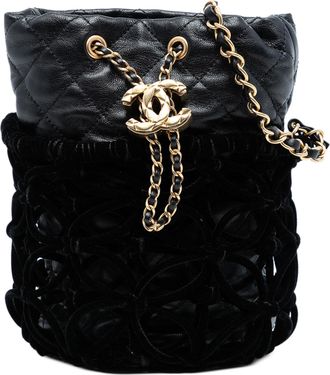 Chanel Black Braided Velvet Goatskin Drawstring Bucket