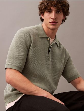 Calvin Klein Mens Smooth Cotton Waffle Sweater Polo Shirt - Green - 2XL