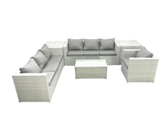 Fimous Wicker PE Rattan Sofa Garden Furniture Set with Armchair Oblong Coffee Table 2 Side Tables Light Grey Mixed