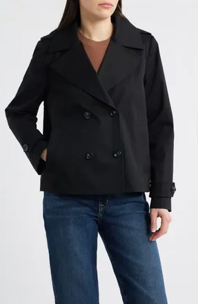 London Fog Water Resistant Double Breasted Short Trench Coat in Black at Nordstrom, Size X-Small