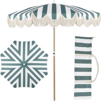 Jonathan Y Designs Mariner 6.5 ft. Classic Cottage Fringe Tassel Market Beach Umbrella with Push Button Tilt in Green/white - Light Brown Pole at Nordstrom