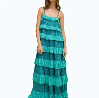 Pitusa Colorblock Tiered Ruffle Dress In Teal