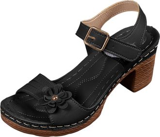 Generic Low Block Heel Sandals For Women Wide Width Chunky Platform Open Toe Perforated Loop Strap Flower Comfort Leather Insole Sandals Shoes