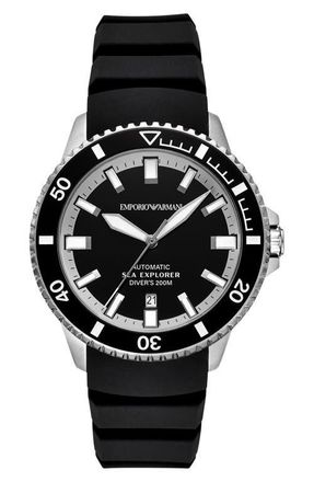 Emporio Armani Sea Explorer Silicone Strap Automatic Diving Watch, 42.5mm in Silver at Nordstrom