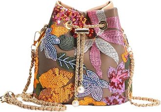 Generic Luxury Floral Sequin Bucket Bag, Mini Crossbody Purse with Gold Chain Strap, Embroidered Evening Handbag for Women (Khaki)