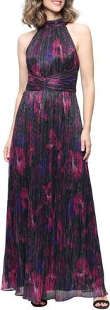 S.L. Fashions Halter Neck Printed Maxi Gown in Pink Multi at Nordstrom, Size 16