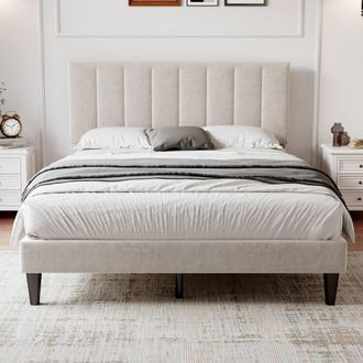 Merax 4ft6 Double Velvet Bed with Adjustable Channel-Tufted Headboard in Beige