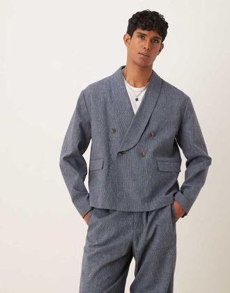 Asos Giacca da abito squadrata in lino doppiopetto blu con motivo gessato