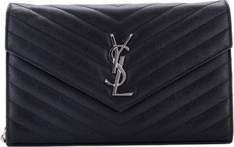 Saint Laurent Black Matelasse Chevron Leather Classic Monogram Wallet On Chain Medium (Authentic Pre-Loved)