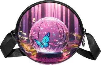 Generic Circle Crossbody Bag for Women, Butterfly Crystal Ball Small Sling Bag Daypack with Zipper Adjustable Shoulder Straps Casual Ladies Girls Round Purse