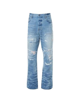 Amiri Mens Amiri Aloha Patch Straight Fit Faded Indigo Blue Denim Jeans - Size: 34/32