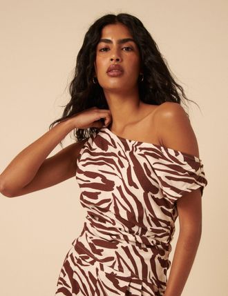Nobody's Child Brown Zebra Print One Shoulder Top