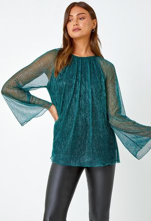 Roman Plisse Overlay Wide Sleeve Top
