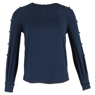 Oscar De La Renta Bateau Neckline Blouse in Navy Blue Silk