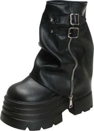 Generic Punk Shoes For Women Mid-Calf Boots 10CM High Platform Modern Boots Belt Buckle Punk Shoes Female Zip Leather Motorcycle Boots(Black,6.5US)
