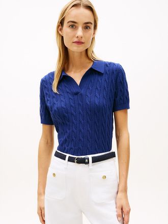 Tommy Hilfiger Womens Short-Sleeve Cable Knit Sweater Polo - Navy - XXL