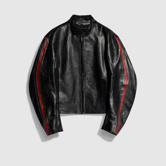 Gucci Leather Biker Jacket With Web Detail, Size 42 it, Black