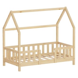 ML Design Ml-design Cama Infantil 70x140 Cm En Forma De Casa, Madera Maciza De Pino Natural Con Protecci&oacute;n Antica&iacute;da, Techo Y Somier De L&aacute;minas, Cuna De Suelo P