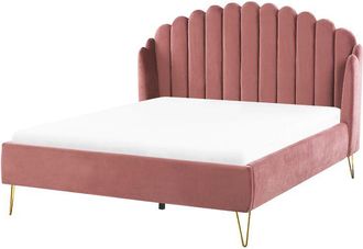 Beliani Cama Con Somier De Terciopelo Rosa 140 X 200 Cm Patas De Metal Cabecero Retro Capiton&eacute; Ambillou