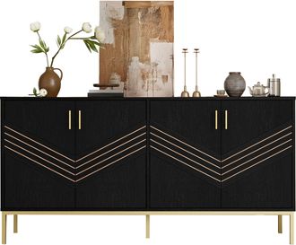 STILVORA Aparador Con 4 Puertas Y 2 Estantes Regulables, Dise&ntilde;o Geom&eacute;trico, En Mdf, Negro Y Efecto Madera, 160&times;40&times;80,5 Cm
