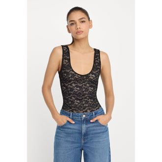 Good American Womens Stretch Lace Scoop Tank Bodysuit | Black, Size Medium | Good American by Khlo&Egrave; Kardashian