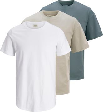 Jack & Jones Kurzarmshirt JACK & JONES JJHUGO LOOSE TEE SS CREW NECK 3PK MP, Herren, Gr. M, moonbeam pack:moonbeam, stormy weather, wei&szlig;, Jersey, Obermaterial: 100