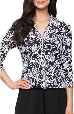Alex Evenings Embroidered Illusion Sleeve Blouse in Black White at Nordstrom, Size Large