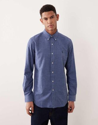 Polo Ralph Lauren Icon - Camicia in twill spazzolato custom fit blu m&eacute;lange pied de poule con logo