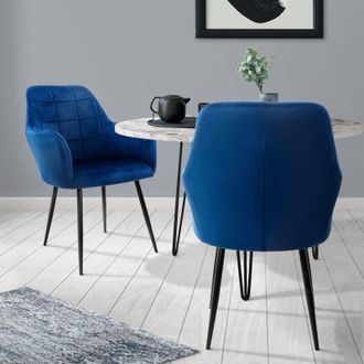 ML Design Ecd Germany 2x Sillas De Comedor Ergon&oacute;micas Asiento Tapizado Azul Oscuro Aspecto Terciopelo Patas De Metal Negro Con Respaldo Y Reposabrazos Sill&oacute;n M