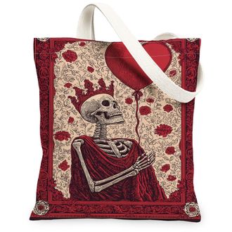 Generic Vintage Gothic Skeleton Canvas Tote Bags, Floral Skull Reusable Grocery Bags, Lightweight Washable Tote for Halloween, Outd, Red, 13x15 Inch