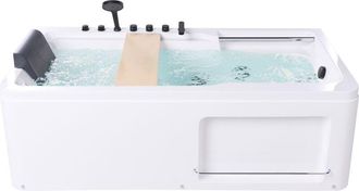 Beliani Ba&ntilde;era De Hidromasaje Con Reposacabezas De Masaje Bandeja De Ba&ntilde;o De Madera De Roble Acr&iacute;lico 180 X 86 Cm Blanco Camalu