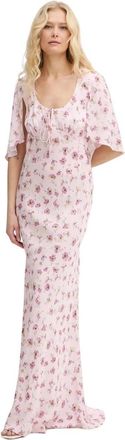 Twinset Kleedjes, Dames, Roze, S, Satijn, Lange Jurk met Bloemendruk