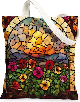Generic Stained Glass Geranium Flower Canvas Tote Bag for Shopping 13x15, Cool Floral Garden Reusable Grocery Print Bag for Women, Fun Wildflower Beach Aesthe