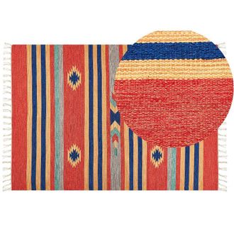 Beliani Alfombra Kilim De Algod&oacute;n Azul Rojo Naranja 140 X 200 Cm A Mano Geom&eacute;trico Borlas Hatis