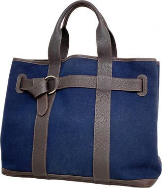 Herm&egrave;s Brown Navy Canvas Tote Bag (Pre-Owned)