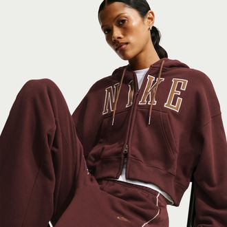 Nike Womens Studio Fleece Medium Weight Oversized Full-Zip Cropped Hoodie in Purple | IU1130-658