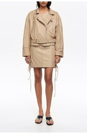 Bimba & Lola Double-breasted leather jacket with adjustable detailing in Light Stone at Nordstrom, Size X-Small