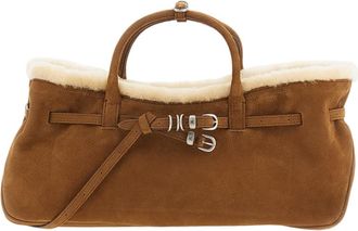 Margesherwood Soft Suede Handbag with Fold-Over Shearling Cuff and Adjustable Details