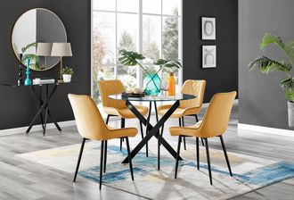 Furniturebox Novara 4 Seater Black Leg Round Glass Dining Table & 4 Pesaro Soft Velvet Black Leg Chairs in Mustard