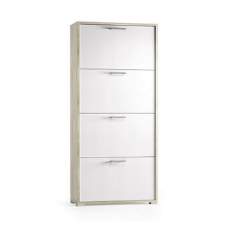 Dmora Zapatero Dmarcat, Mueble De Entrada Polivalente Con 4 Puertas Abatibles, Zapatero De Doble Profundidad, 100% Made In Italy, 67x28h147 Cm, Blanco Y Olm