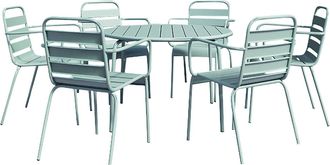 Vente-Unique Mesa y sillas de jard&iacute;n de metal - Mesa redonda de 130 cm de di&aacute;metro y 6 sillas apilables - Verde almendra - MIRMANDE de MYLIA