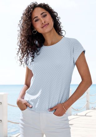 Vivance Kurzarmshirt VIVANCE mit modischem Jacquard-Muster, Damen, Gr. 32/34, eisblau, Single Jersey, Obermaterial: 63% Polyester, 29% Viskose, 8% Elasthan, u