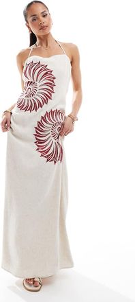 4th & Reckless 4th + Reckless - Vestito lungo allacciato al collo in misto lino beige con conchiglie marroni ricamate-Neutro