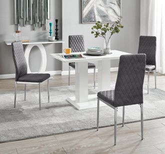 Furniturebox Imperia 4 Seater Modern White High Gloss Rectangular Dining Table & 4 Milan Velvet Chairs in Grey