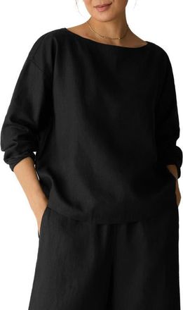 Eileen Fisher Boxy Bateau Neck Organic Linen Top in Black at Nordstrom, Size Xx-Small