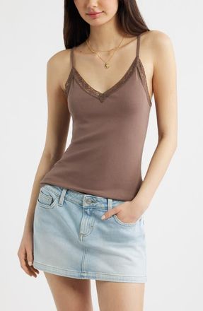 BP. Lace Trim V-Neck Camisole in Brown Quartz at Nordstrom, Size Xx-Small