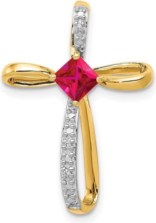 Diamond2Deal 14k Yellow Gold 4mm Square Lab Created Ruby and Diamond Cross Slide Pendant
