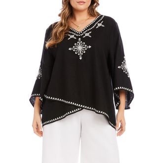 Karen Kane Embroidered Asymmetric Hem Linen Blend Top in Black And White at Nordstrom, Size 3 X
