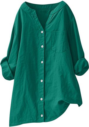 Generic Long Sleeve Shirts for Women Casual Button Up V-Neck Blouses with Front Pocket Lightweight Summer Fall Tunic Tops Ladies Longline Blouse Plus Size Pla